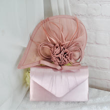 Load image into Gallery viewer, Blush Pink Satin Bridal Set: Handmade Heels, Clutch, Fascinator
