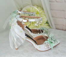 Load image into Gallery viewer, Bridal Floral Heels – Sage Green &amp; White Wedding High Heels with Ankle Strap • UK5 / US7.5
