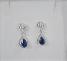 Load image into Gallery viewer, Sapphire Blue Cubic Zirconia Drop Earrings, 14K Silver Plated Bridal Jewelry (2.7cm)

