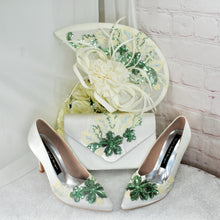 Load image into Gallery viewer, Ivory Satin Bridal Set: Floral Embroidered Heels, Clutch &amp; Fascinator
