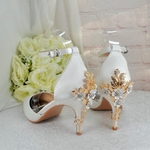 Load image into Gallery viewer, Emerald Green Satin Bridal Sandals: Cherry Blossom Heel, Handmade Wedding Shoes
