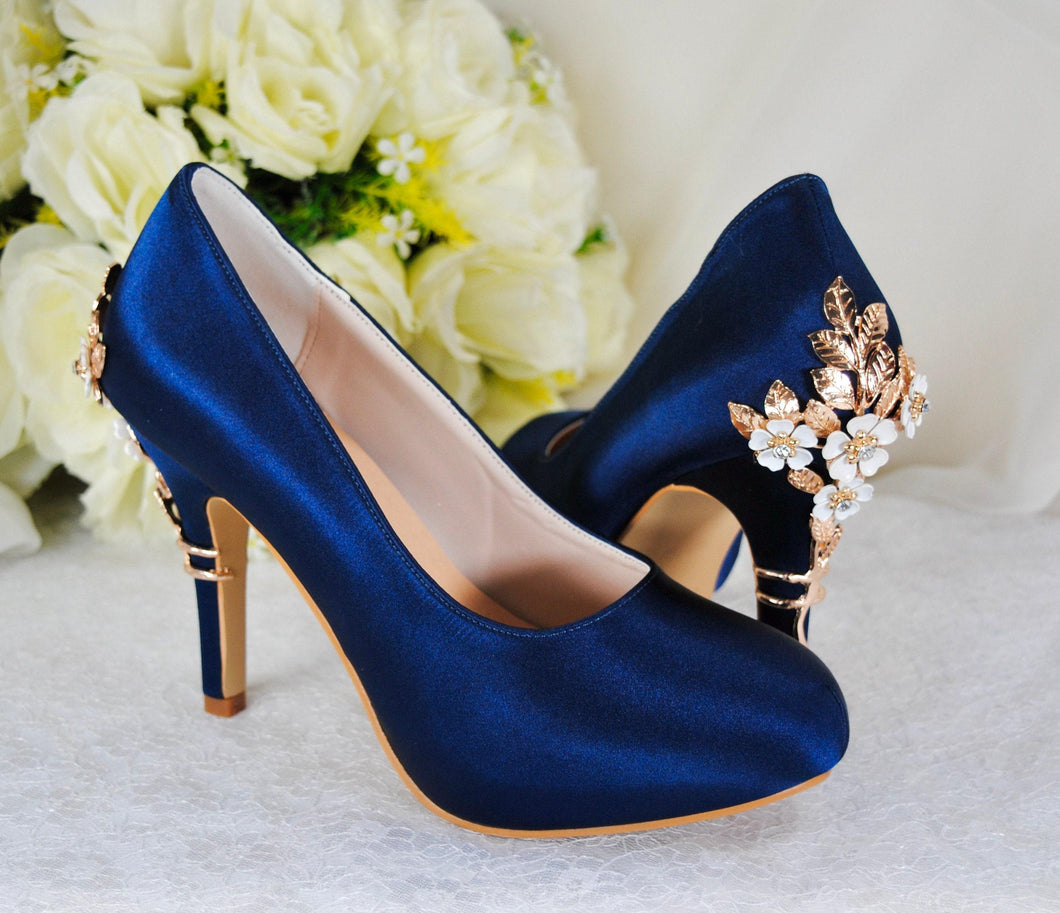Navy Blue Satin Heels - Wedding Court Shoes with Round Toe UK3 / US5.5