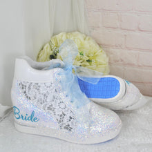 Load image into Gallery viewer, Glitter Bridal Wedge Sneakers: Something Blue Lace Wedding Trainers UK5/US7.5
