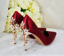 Load image into Gallery viewer, Burgundy Satin Bridal Shoes | Custom Made Comfortable Wedding Heels with Cherry Blossom Detail • UK5 / US7.5
