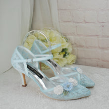 Load image into Gallery viewer, Embroidered Pastel Blue Bridal Shoes: 3D Flower Ankle Strap Heels UK5/US7.5
