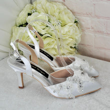 Load image into Gallery viewer, Bridal White Sling Back Heels: Handmade Satin Shoes with 3D Floral
