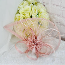 Load image into Gallery viewer, Handmade Pink Satin Bridal Set: Block Heel Shoes, Clutch, Fascinator
