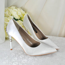 Load image into Gallery viewer, Bridal Satin Heels – Handmade Ivory Wedding Shoes with Silver Floral Heel Vine • UK4/US6.5
