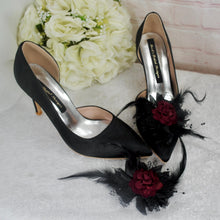 Load image into Gallery viewer, Gothic Black Floral Shoe Clips: Velvet Rose, Lace &amp; Feather Detail
