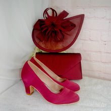 Load image into Gallery viewer, Burgundy Red Satin Block Heels and Clutch Bag Set: Handmade Bridal Shoes
