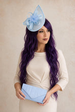 Load image into Gallery viewer, Light Blue Fascinator and Vegan Suede Clutch, Bridal Hatinator Set

