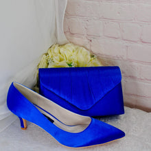 Load image into Gallery viewer, Royal Blue Satin Bridal Set: Kitten Heels, Clutch &amp; Fascinator
