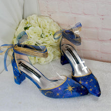 Load image into Gallery viewer, Blue Satin Celestial Wedding Shoes: Hand-Painted Galaxy Bridal Block Heels UK7/US9.5
