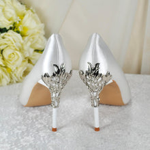 Load image into Gallery viewer, Bridal Satin Heels – Handmade Ivory Wedding Shoes with Silver Floral Heel Vine • UK4/US6.5

