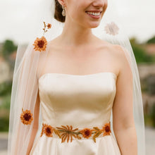 Load image into Gallery viewer, Floral Appliqué Bridal Belt: Embroidered Autumn Wedding Sash
