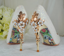 Load image into Gallery viewer, Ivory Shimmer Satin Bridal Heels: Handmade Cherry Blossom Wedding Shoes
