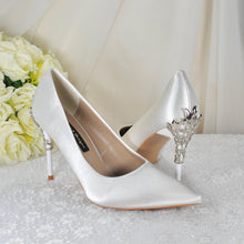Load image into Gallery viewer, Bridal Satin Heels – Handmade Ivory Wedding Shoes with Silver Floral Heel Vine • UK4/US6.5
