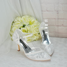 Load image into Gallery viewer, Hand Embroidered Ivory Satin Wedding Sandals: Low Heel, Ankle Strap - UK6/US8.5
