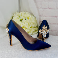 Load image into Gallery viewer, Navy Satin Heels: Silver Floral Cherry Blossom Embellishment
