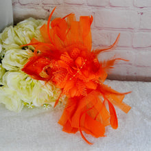 Load image into Gallery viewer, Orange Fascinator and Clutch Bag Set: Handmade Satin Wedding Outfit
