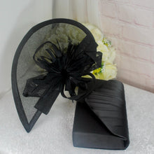Load image into Gallery viewer, Black Fascinator and Clutch Bag Set: Handmade Bridal Satin Purse &amp; Sinamay Hatinator Set
