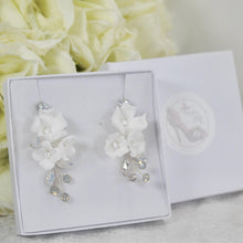 Load image into Gallery viewer, Statement Bridal Earrings, Floral Drop Wedding Jewelery, Swarovski Crystal Porcelain White Flower
