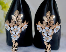 Load image into Gallery viewer, Black Satin Heels: Gold Floral Cherry Blossom Bridal Shoe, Wedding Shoe High Heel

