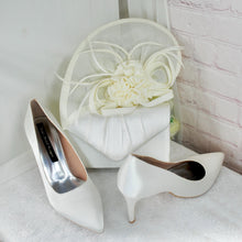 Load image into Gallery viewer, Ivory Satin Bridal Set: Handmade Heels, Clutch Bag &amp; Fascinator
