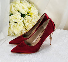 Load image into Gallery viewer, Burgundy Satin Bridal Shoes | Custom Made Comfortable Wedding Heels with Cherry Blossom Detail • UK5 / US7.5
