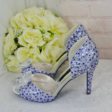 Load image into Gallery viewer, Lilac Crystal Bridal Shoes with Flower Detail | Custom Colour Peep Toe Heels
