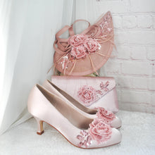 Load image into Gallery viewer, Blush Pink Satin Bridal Shoes, with Sparkling Rose Floral Embroidery, Handmade Heels - UK5/US7.5
