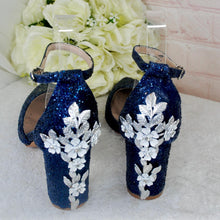 Load image into Gallery viewer, Navy Blue Glitter Bridal Sandals: Cherry Blossom Block Heel Wedding Shoes
