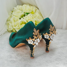 Load image into Gallery viewer, Emerald Green Satin Bridal Shoes: Gold Floral Blossom Heel

