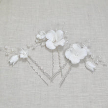 Load image into Gallery viewer, Handmade Gold or Silver Ceramic Flower Hair Pins with Pearls (Set of 3)
