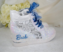 Load image into Gallery viewer, White Glitter Wedge Sneakers Trainers, Blue Bride Comfortable Alternative Wedding Shoes- Size UK3/US6
