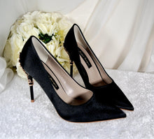 Load image into Gallery viewer, Black Satin Bridal Pumps – Gold Leaf Shoes UK4 / US6.5

