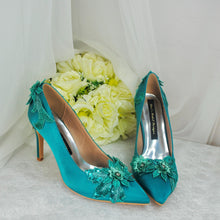 Load image into Gallery viewer, Teal Fascinator Hat, Clutch &amp; Heels: Handmade Satin Bridal Set
