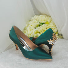 Load image into Gallery viewer, Emerald Green Satin Bridal Shoes: Gold Floral Blossom Heel
