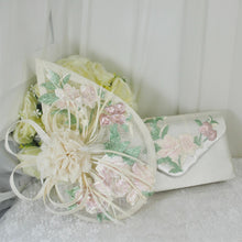 Load image into Gallery viewer, Ivory &amp; Pink Fascinator Hat and Clutch Bag Set: Floral Embroidered Bridal Hatinator
