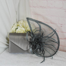 Load image into Gallery viewer, Pewter Dark Grey Satin Bridal Set: Block Heel Shoes, Clutch Bag &amp; Sinamay Fascinator
