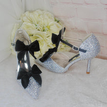 Load image into Gallery viewer, Luxury Silver Crystal Sandals with Black Velvet Bows
