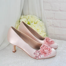 Load image into Gallery viewer, Blush Pink Satin Bridal Shoes, with Sparkling Rose Floral Embroidery, Handmade Heels - UK5/US7.5
