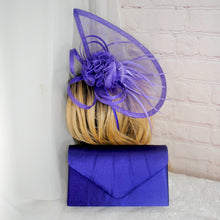 Load image into Gallery viewer, Purple Satin Clutch Bag and Fascinator Set: Wedding Guest Hatinator

