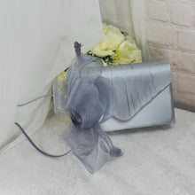 Load image into Gallery viewer, Silver Grey Fascinator and Clutch Bag Set: Handmade Satin Wedding Outfit
