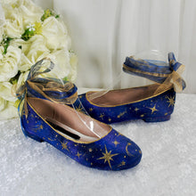 Load image into Gallery viewer, Blue Galaxy Wedding Flats – Hand-Painted Gold Celestial Shoes
