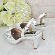 Load image into Gallery viewer, Bridal White Sling Back Heels: Handmade Satin Shoes with 3D Floral
