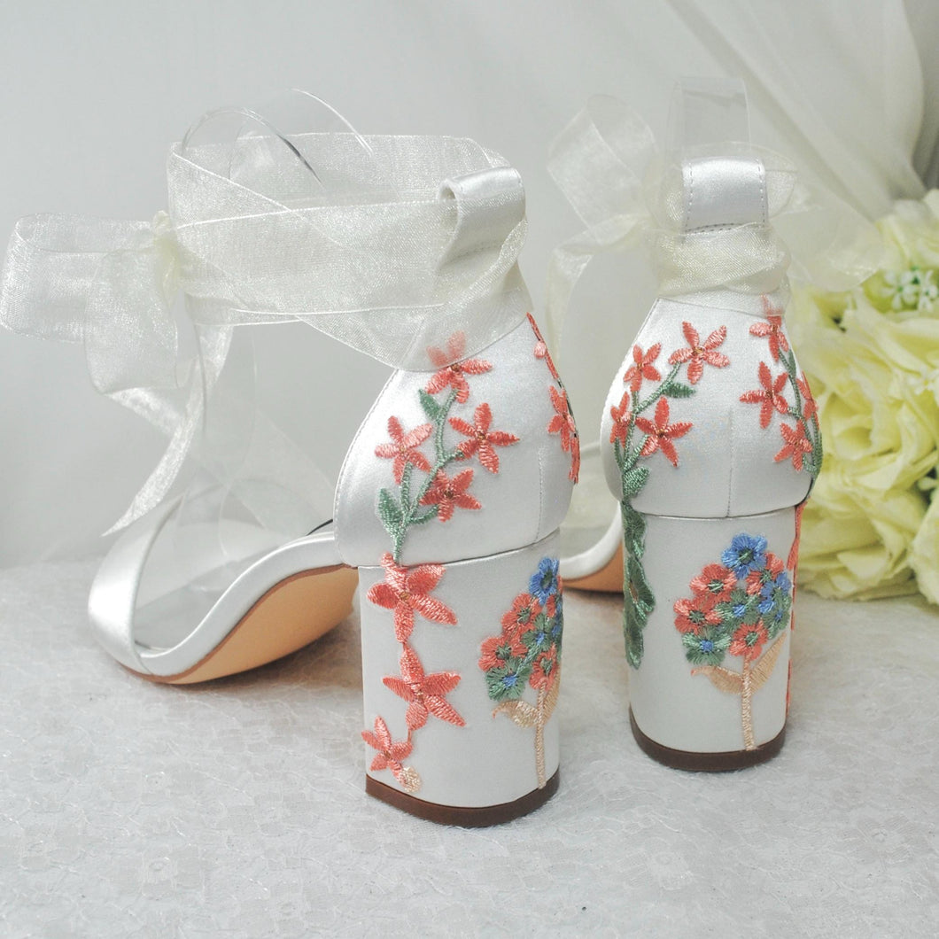 Ivory Satin Bridal Sandals with Floral Embroidery, Wedding Shoes with Ankle Strap, Bridal Shoes with Block Heel