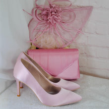 Load image into Gallery viewer, Pink Satin Bridal Set: Heels, Clutch, Fascinator - Handmade Wedding Guest Outfit
