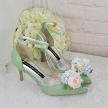 Load image into Gallery viewer, Sage Green Satin Bridal Set: Handmade Clutch, Sandals &amp; Fascinator
