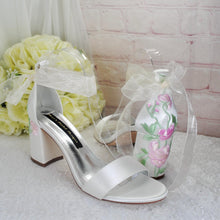 Load image into Gallery viewer, Bridal Block Heel Sandals – Handmade Satin Wedding Shoes With Pastel Floral Embroidery • UK5/US7.5
